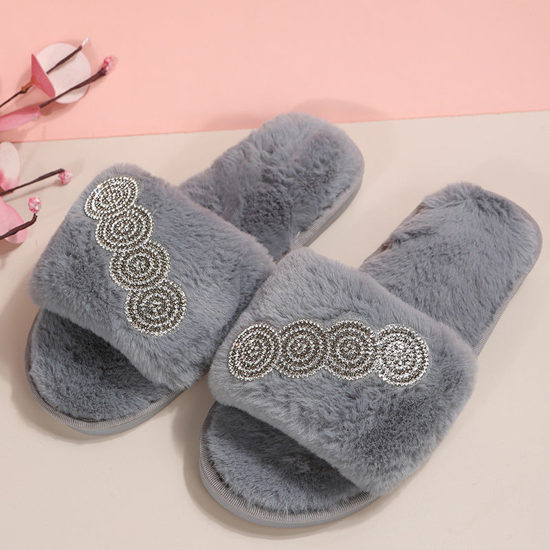 Wholesale One Word Open Toe Flat Plush Cotton Slippers
